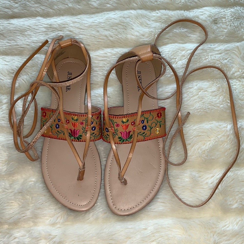 Lace up strappy Embroidered colorful flowers leather earth hippy sandals 8.5